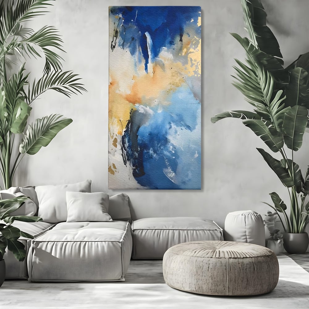 Tablou canvas cu pictura abstracta cu pete albastre si aurii, fara rama, pe sasiu de lemn, pe perete intr-un living